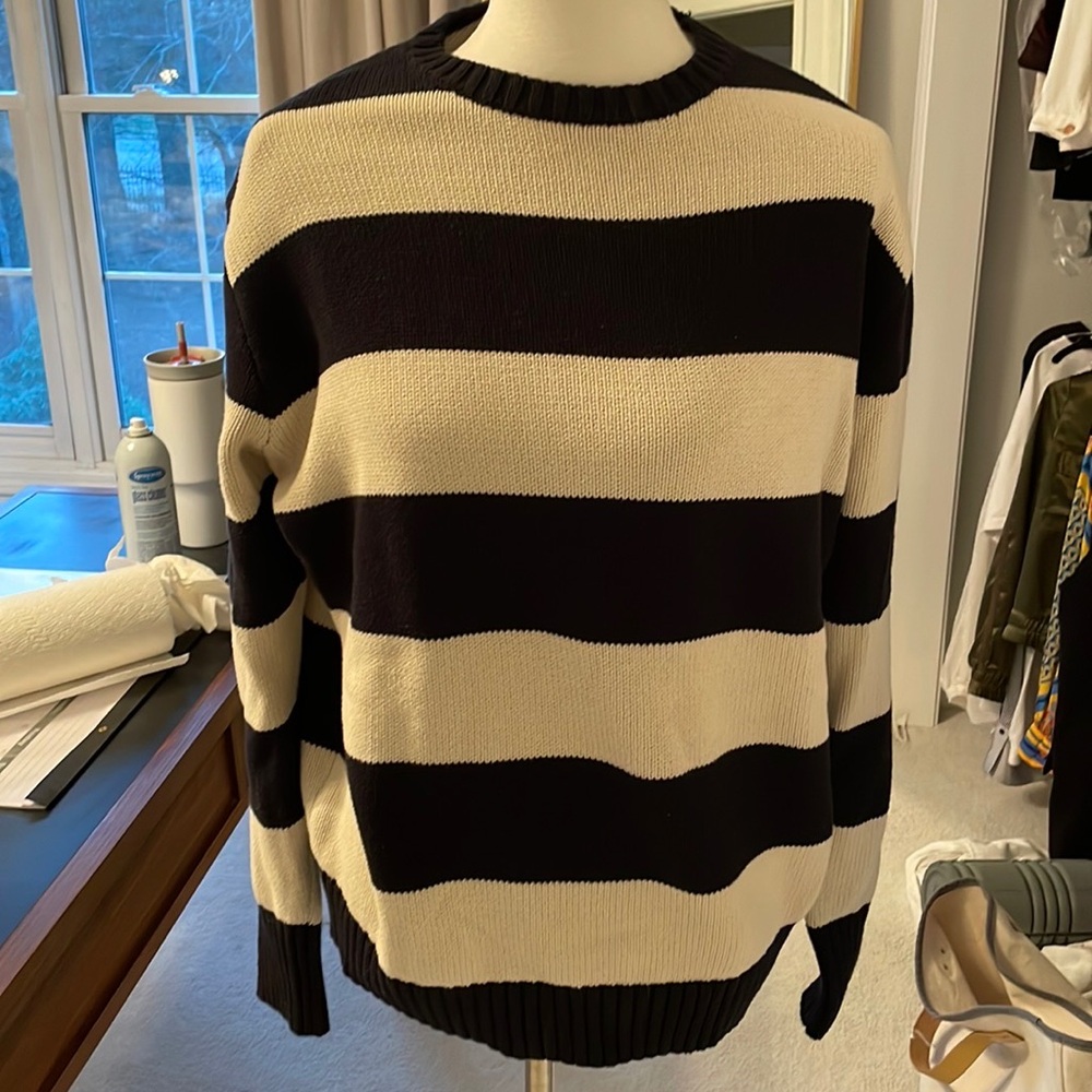 Brandy Melville Black and Cream Striped Crew Neck Sweater